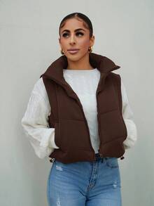 SAYEHFBABY Winter Zip Up Double Face Snap Button Corduroy Drawstring Vest Coat - Brown - View 5