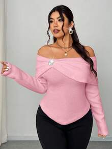 Elenzga Women's Elegant Blush Pink Autumn Knit Sweater,Formal Party Open Shoulder Shawl Collar Long Sleeve Metal Rhinestone Decor Ruched Fitted Plus Size - Pink - View 3