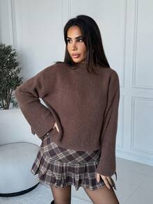 Milla Jasmine كنزة صوفية كنزة بأكمام مرنة وربطة عصرية فضفاضة بني اللون جديد لموسم الخريف/الشتاء