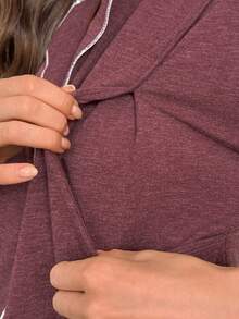 孕妇冬季两件套撞色滚边哺乳翻领上衣睡衣套装 - 酒紅色 - 查看 6