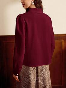 Vintamour Vintage Elegant Women's Shirt Collar Bow Faux Pearl Button Casual Vacation Blouse Teacher For Women Fall Vacation Going Out Business Casual Office, For Women Country Concert Christmas Church Tops, Old Money Style Women Cute Top Classy Burgundy Top,Red Tops For Women New Year Valentine