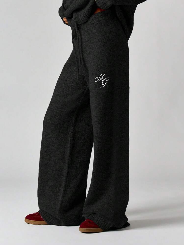 MISSGUIDED Gestrickte Hose mit hoher Taille und weitem Bein mit gesticktem Logo, lässige Loungewear