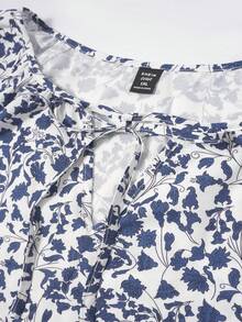 EMERY ROSE Plus Size Women All-Over Print Front Tie Long Sleeve Casual Shirt - Navy Blue - View 8