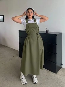 POPSWAY New Autumn Outdoor Versatile Waist Cinching Midi Dungaree Dress Maxi Women Outfit - Army Green - View 3