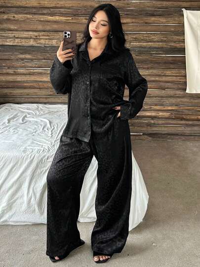 Dazy Plus 两件套加大码女式豹纹休闲睡衣套装，宽松上衣和裤子，秋冬服装