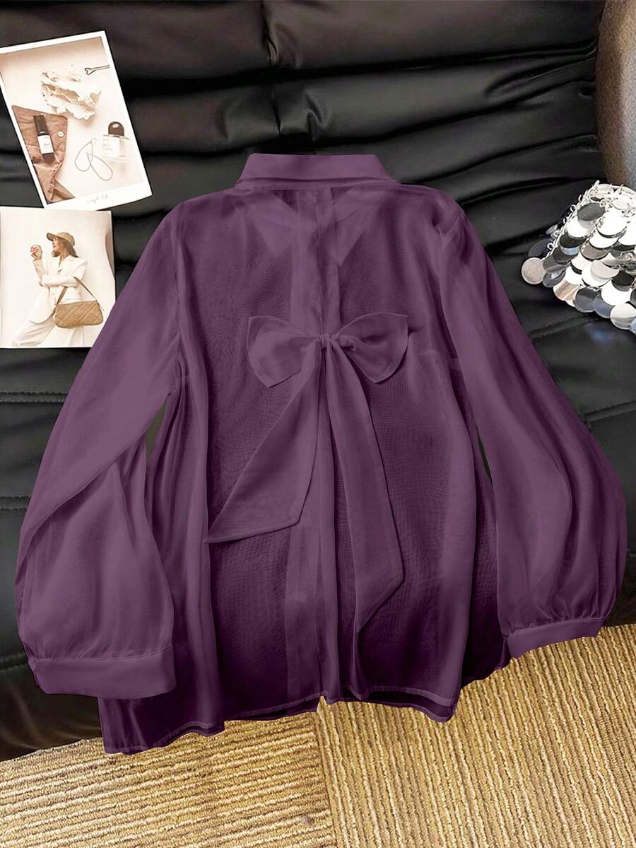 GlowEve CURVE Áo cánh trắng mỏng thường ngày cỡ lớn có nơ - Màu tím  Violet - Xem 1