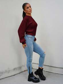 SAYEHFBABY Solid Color Crew Neck Cable Knit Casual Pullover Sweater,Long Sleeve Tops Knit Pullover Fall Winter Outfit - Burgundy - View 5
