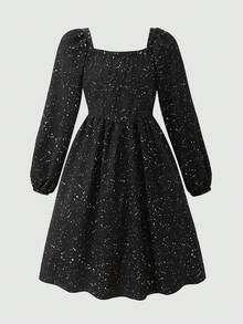 Elladie kids 少女仿亮片印花黑色长袖A字连衣裙，复古风，适合万圣节、休闲优雅场合、户外活动、上学、度假、派对、节日穿着。 - 黑色 - 查看 5