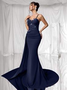 Coutiva Formal Evening Gown (Heavily Embellished) - Navy Blue - View 6