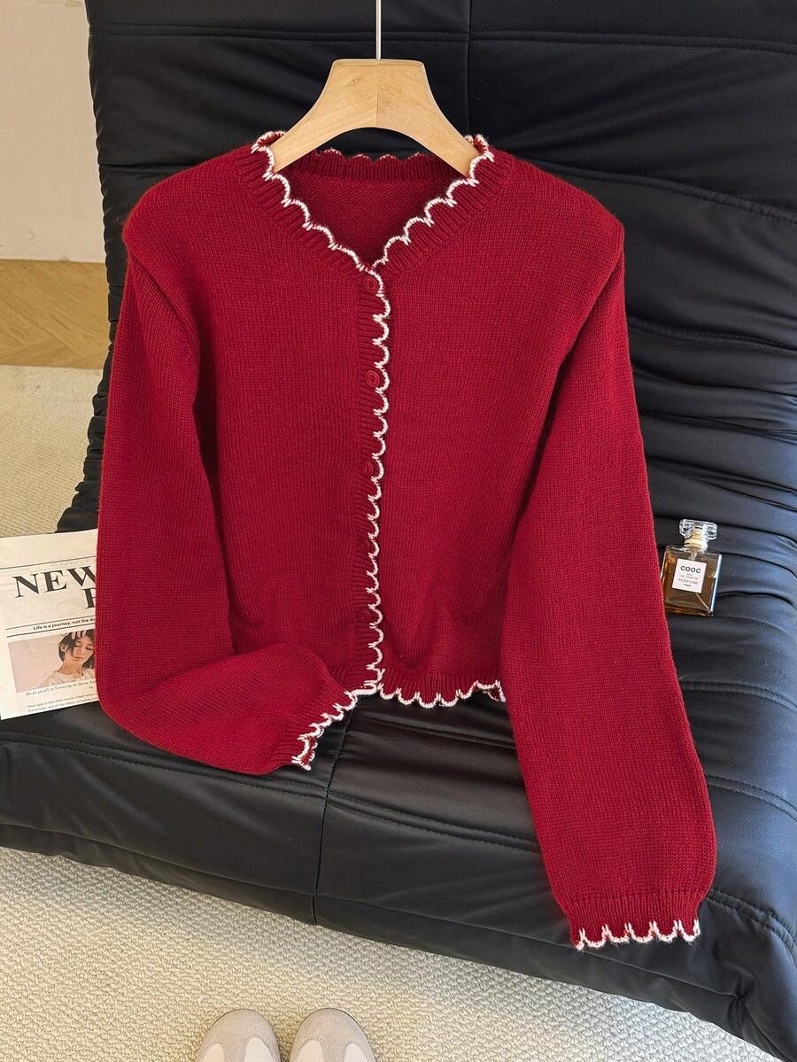 SHEIN Franclia Cárdigan con volantes de color contrastante estilo romántico francés, estilo de transporte - Burdeos - Ver 1