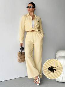 SHEIN Tall 女式新款西部牛仔马标志条纹刺绣宽松衬衫和裤子套装 - 黃色 - 查看 5