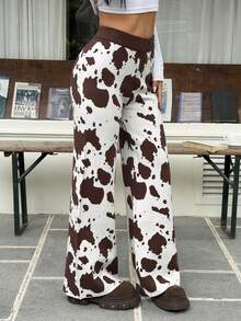 SHEIN EZwear Women's Cow Pattern Knit Pants, Fall Pants For Women
