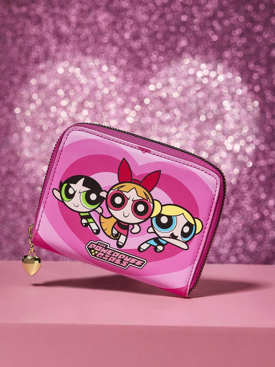 THE POWERPUFF GIRLS X SHEIN 1 Piece Cute Cartoon Character Printed Zipper Pu Leather Short Wallet, Organ Compartment, Card Storage, Suitable For Teenagers And Ladies, Blossom, Bubbles, Buttercup, Friendship, Love.,Gift Ideas - 粉色 - 查看 1