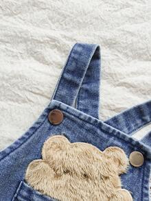 Vintaside Kids Infant Boys' Denim-Like Fabric Romper With Bear Animal Plush Pattern, Countryside Style, Suitable For Spring, Autumn, Winter, Fashionable, Casual, Cute, Versatile Outdoor Wear