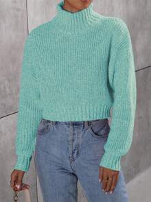 Calvaya Women Casual Solid High Neck Crop Sweater For Autumn & Winter - Teal Blue - View 4
