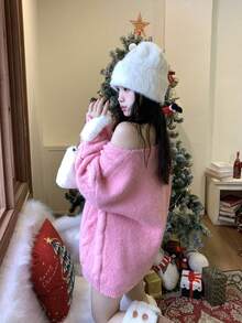 DAZY Suéter de mujer de unicolor con cuello en V, manga larga y trenzado