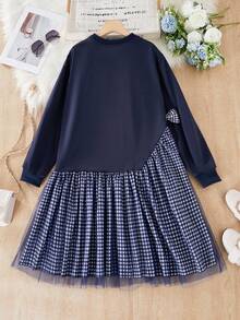 SHEIN 年轻女孩休闲优雅格子拼接针织面料蝴蝶结网纱通勤可爱自然优雅修身连衣裙 - 藏蓝色 - 查看 2