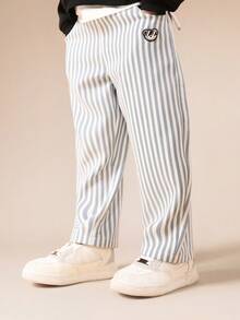 SUMWON 条纹套穿松紧腰裤，舒适休闲儿童裤，适合日常穿着、学校和操场穿着。 - 黑色 - 查看 4