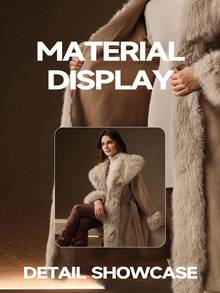 Anewsta 蓬松仿毛领中长款羊毛外套，秋冬 - 卡其色 - 查看 8