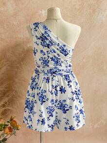 Dreamara Atasan Wanita Ukuran Besar Kasual Biru & Putih dengan Detail Kerut di Satu Bahu, Cocok untuk Liburan, Musim Gugur/Musim Dingin - Blue and White - View 2