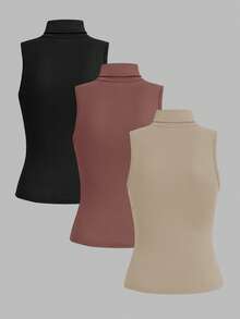 SHEIN LUNE 3pcs Women Casual Solid Color Turtleneck Camisole Set - Multicolor - View 2