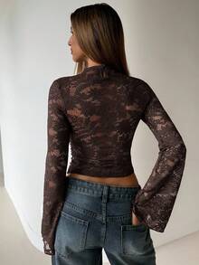 Aloruh Brown Lace Patchwork Hollow Out Flare Sleeve Women T-Shirt - Brown - View 3