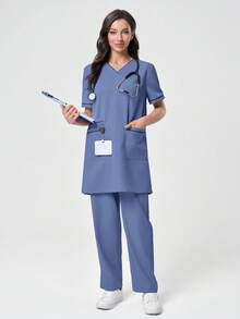 Scrubzie 2件套防皱女士宽松V领撞色长款上衣和裤子工作服套装 - 藍色 - 查看 7