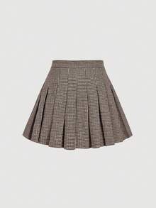 SHEIN MOD 格纹羊毛褶皱优雅时尚A字裙 - 棕色 - 查看 2
