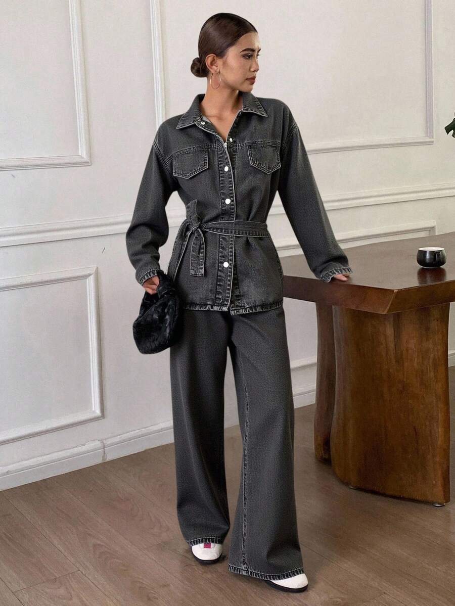 DAZY 秋冬新款宽松休闲做旧洗水收腰女式牛仔套装 - 深灰色 - 查看 1