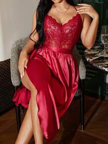 SilkySpell Elegant Sexy High Slit Tie Bow Charming Wine Red Long Dress, French Elegant Plus Size Nightgown Red Lingerie Dress Sexy Night Dress Curve Nightgown Spaghetti Strap Lace Nightgown Red Nightgown - Burgundy - View 1