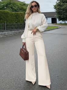 Jeta Ari Women Solid Color Casual, Commute, Daily Loose Fit High-Waist, Eyelet Decor, Drawstring Waist, Wide Leg Relaxed Pants Work Pants - Beige - View 1