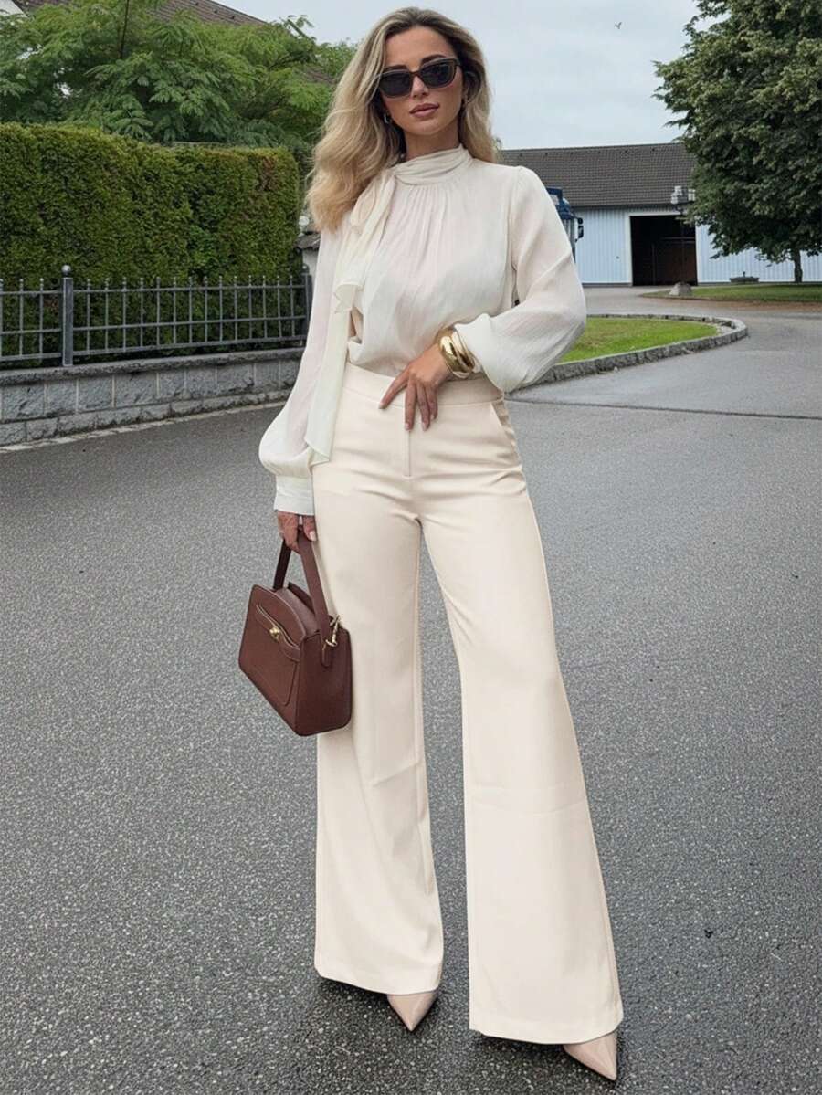 Jeta Ari Women Solid Color Casual, Commute, Daily Loose Fit High-Waist, Eyelet Decor, Drawstring Waist, Wide Leg Relaxed Pants Work Pants - Beige - View 1