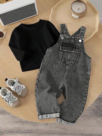 SHEIN Baby Boy Fashion Solid Color Round Neck Top And Casual Bib Pants 2-Piece Set Baby Boy Overall Set Baby Vintage Overalls Boys Baby Jeans Set Baby Boy Overalls Denim Baby Boys Outfit