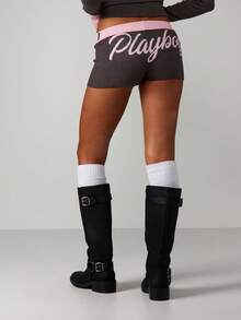 Missguided x Playboy Ribbed Knit Shorts With Pink Contrast Trim Script Logo Loungewear - Grey - View 6