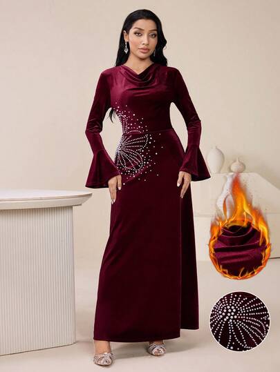 Veilorie Women's Elegant Drape Collar Flare Sleeve Rhinestone Floral Print Waist Cinched Arabic Style Velvet Dress, Autumn