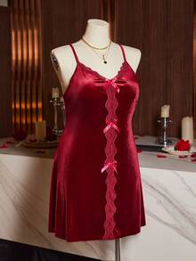 SilkySpell Plus Size Women Bowknot Lace Trim Velvet Sexy Camisole Nightgown - Burgundy - View 7