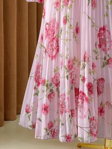 Rometta Váy maxi dài tay xếp ly họa tiết hoa lãng mạn cỡ lớn cho nữ có nơ thắt eo - Hồng - Xem 8
