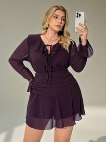Auralis Plus Size Women Elegant Sexy Deep V Neck Ruffle Waist Cinched Flare Sleeve Mini Purple Chic Casual Beach Holiday Date Dress/Valentine's Day Ruffle Hem Short Skirt/Concert/Performance Costumes/Date/High-End Banquet/Ball/Wedding Season/Valentine's Day/Party/Sexy/Commuting/Elegant Romance/Office Enchantress/Siren Style/Birthday Party Dresses/Winter - Purple - View 6