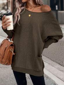 EMERY ROSE Fashionable Versatile Solid Color Batwing Sleeve Double Pocket Sweater