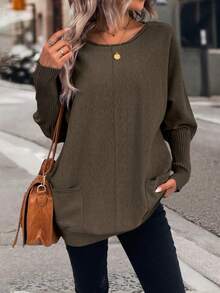 EMERY ROSE Fashionable Versatile Solid Color Batwing Sleeve Double Pocket Sweater