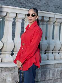 Melissa Matos Women's Simple Solid Color Casual Blouse Fall Cloth For Women - Red - View 5