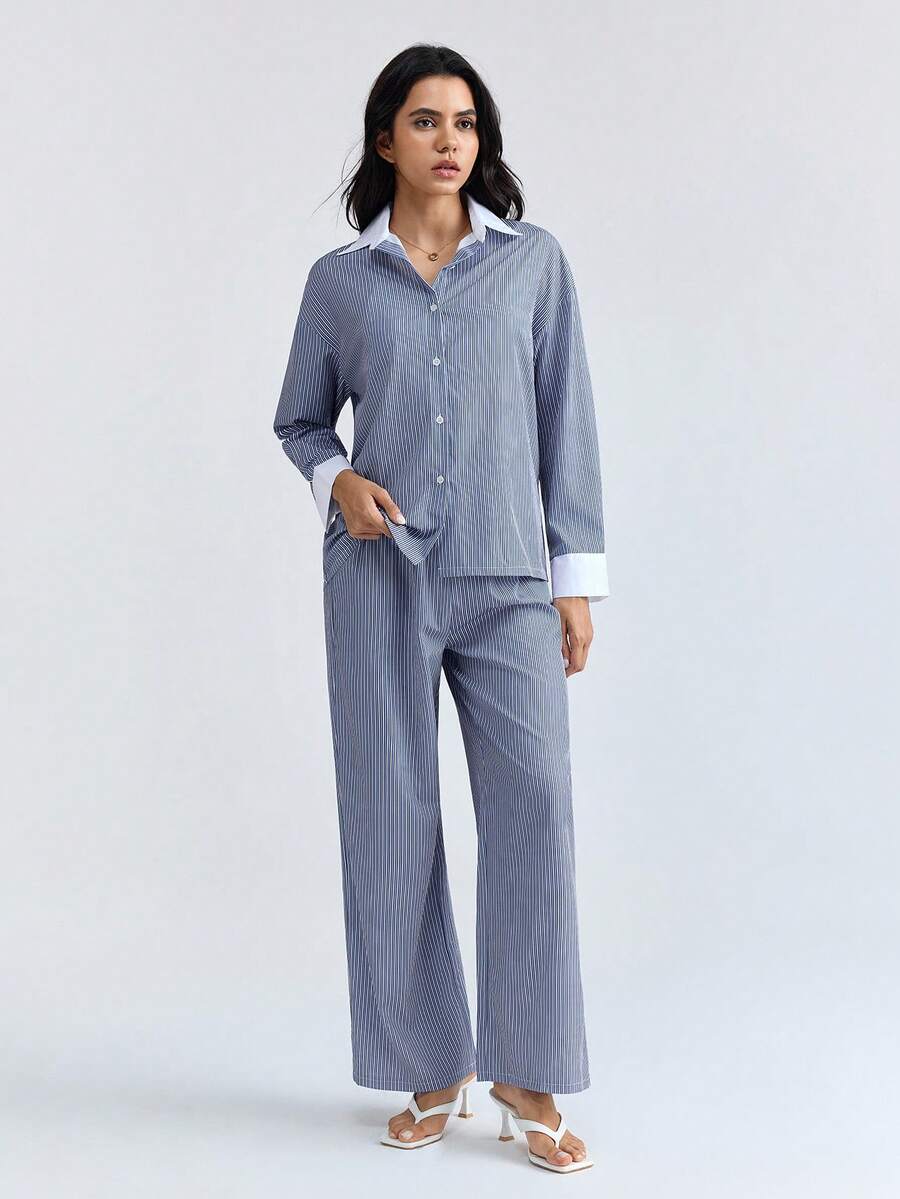 Loungeista 2pcs Women Striped Button-Front Long Sleeve Pajama Set + Drawstring Waist Pants, Cute Sleepwear Suit - Blue - View 1