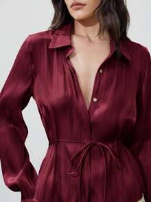 Aveloria Modichic New Fashionable Minimalist Elegant Women's Blouse With Lapel, Lustrous Satin Waist Drawstring, Slim Fit Long Sleeve Shirt