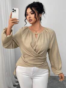 Elenzga Plus Size Women's Solid Color Keyhole Neck Raglan Sleeve Twist Front Fashion Blouse Fall Cloth For Women - Khaki - View 7