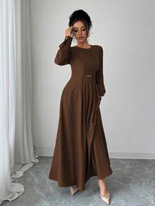 Elenzga Đầm dài tay xếp ly eo thanh lịch cho nữ - màu nâu - Xem 3