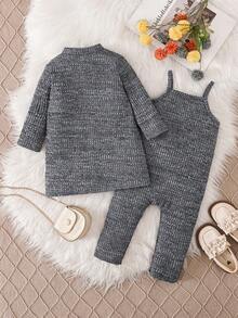 2件套女婴2025新款针织罗纹碎花灰色连体衣，带背带，休闲长袖开衫外套，简约百搭家居服套装