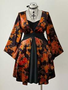 Sunspun Váy midi nhung họa tiết hoa thanh lịch cổ chữ V tay loe cỡ lớn - Nhiều màu - Xem 6