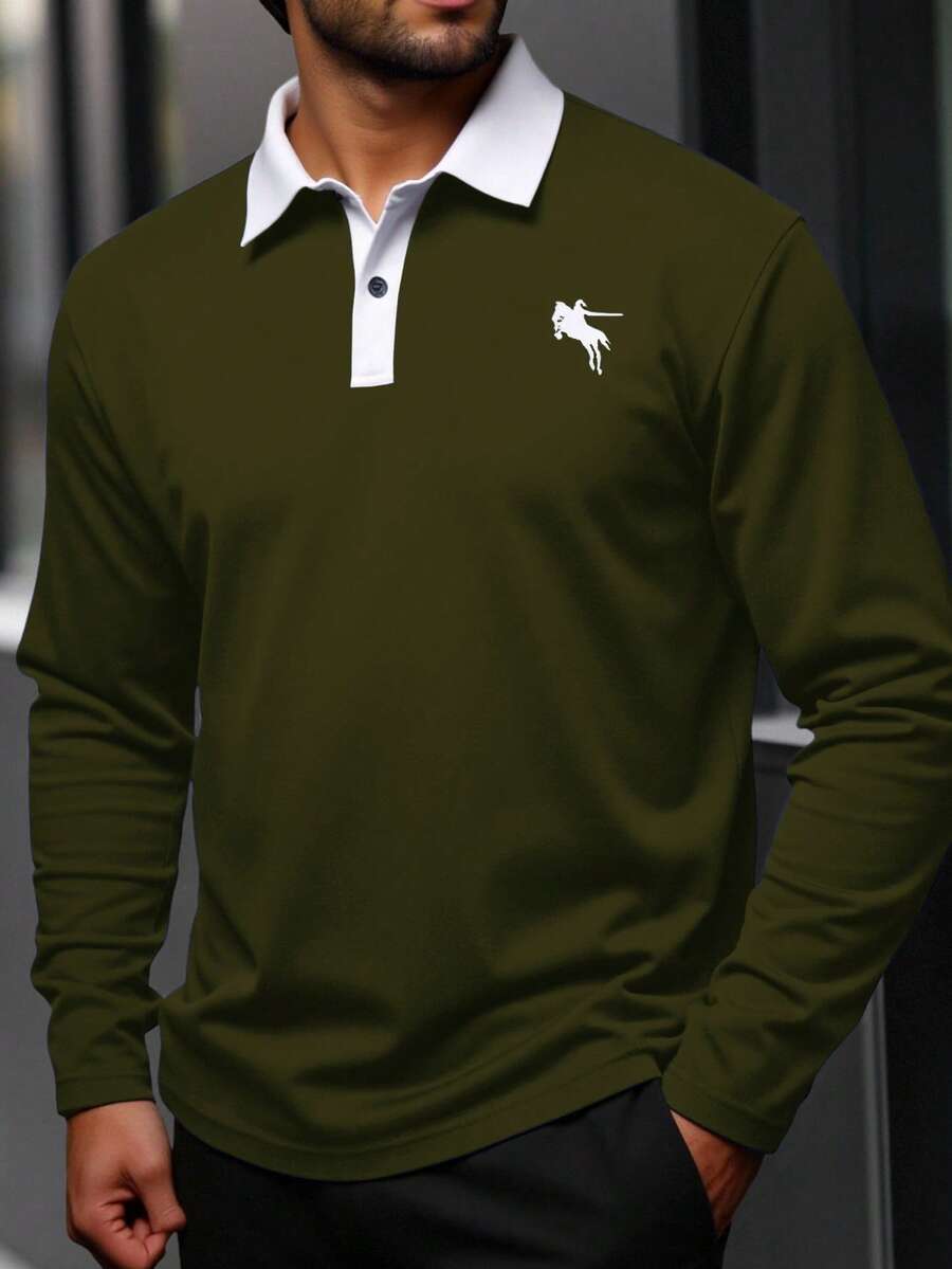 Manfinity Homme 男士加大码休闲商务通勤撞色领长袖Polo衫,饰有骑士印花,春秋季 - 軍綠色 - 查看 1