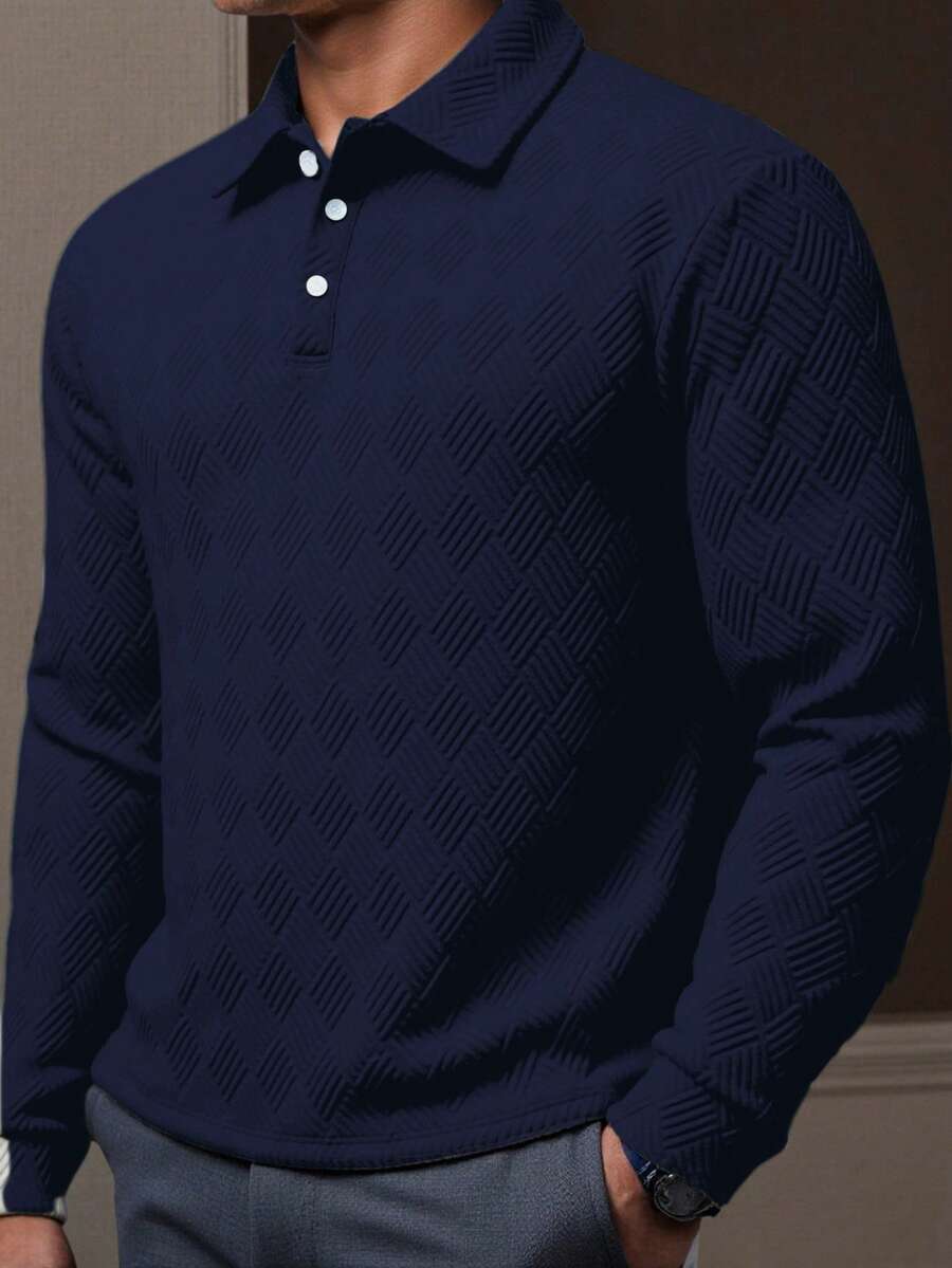 Manfinity Mode Plus Size Men's Solid Color Button Casual Long Sleeve Polo Shirt Navy Blue Top Men Buttoned Knitted Shirts For Collar S Knit - Royal Blue - View 1