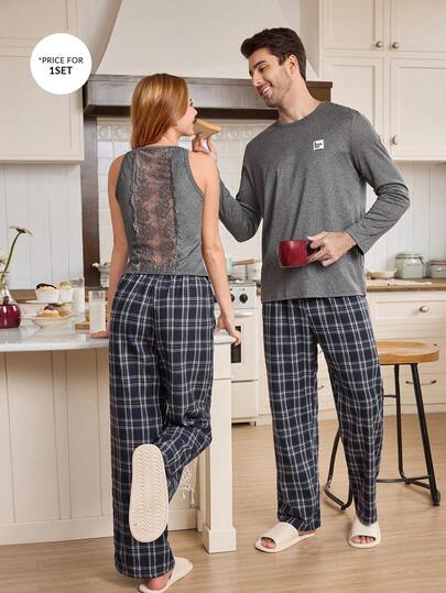 CoupledUp Conjunto de pijama de pantalón tejido de manga larga y cuello redondo casual para hombre